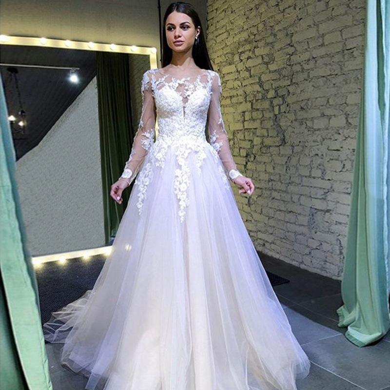 A Line Long Sleeves Round Neck Tulle Lace Appliques Wedding Dresses INP73