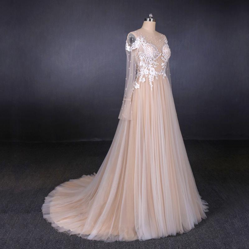 Charming A Line Long Sleeves Lace Appliques Tulle Wedding Dress INQ30