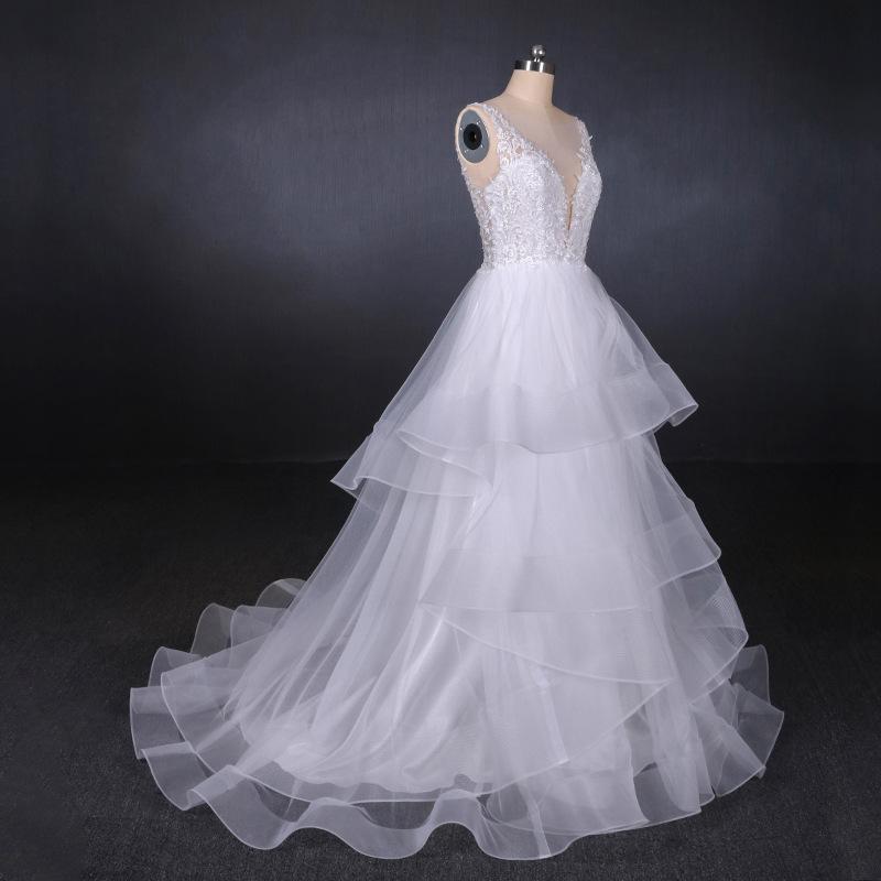 A Line V Neck Layered Backless Wedding Dress, Long Bridal Gown INQ23