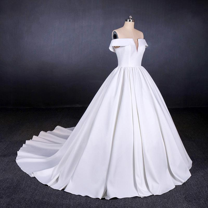 Off the Shoulder White Ball Gown Simple Wedding Dress, Satin Bridal Gown INQ20