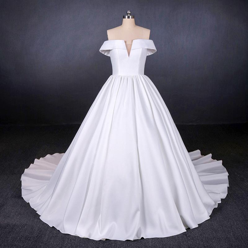 Off the Shoulder White Ball Gown Simple Wedding Dress, Satin Bridal Gown INQ20