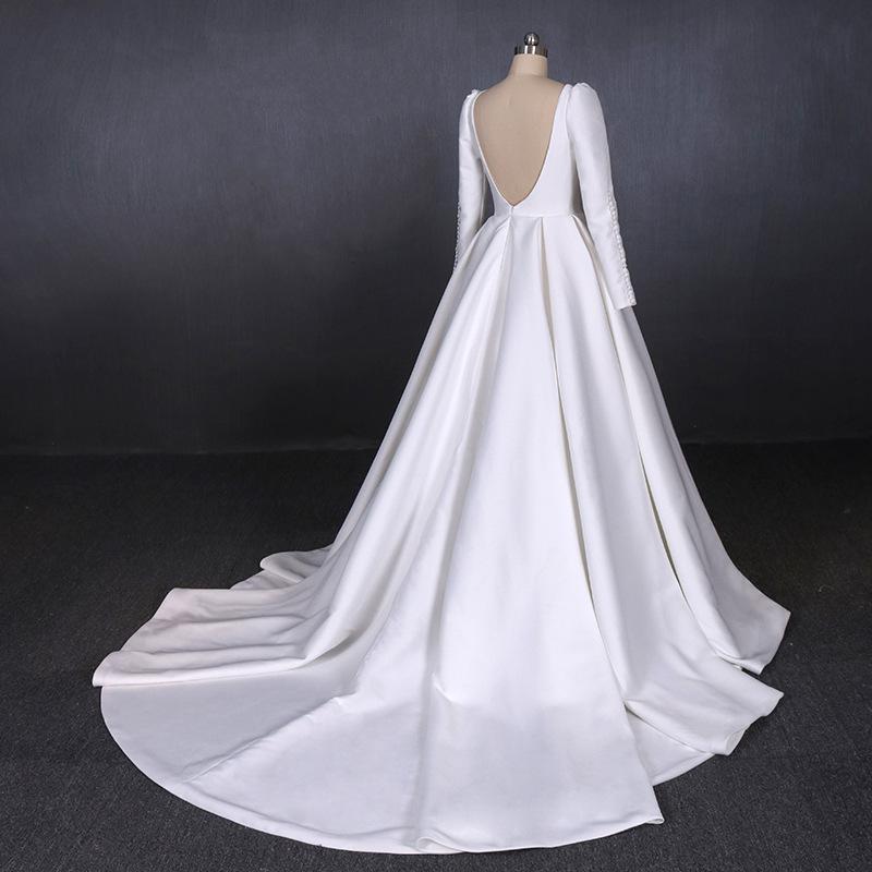 Simple A Line Long Sleeves Satin Wedding Dress, New Arrival White Long Bridal Gown INQ13