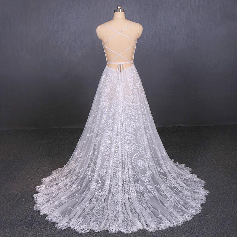 A Line Spaghetti Straps Long Elegant Wedding Dresses With Lace INQ11