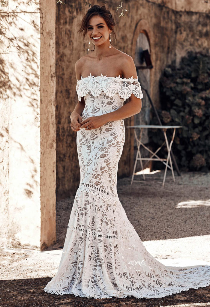 Off the Shoulder Lace Mermaid Wedding Dress, Cheap Bridal Dress INP72