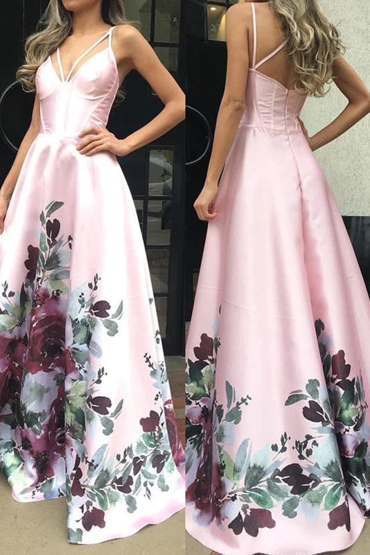 Pink A Line Satin Floral Prints Spaghetti Strap A-Line Prom Dresses IN2000