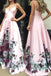 Pink A Line Satin Floral Prints Spaghetti Strap A-Line Prom Dresses IN2000