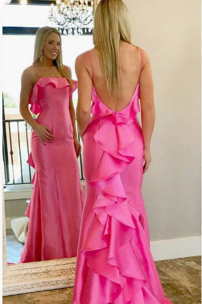 Gorgeous Hot Pink Satin Mermaid Long Prom Dress With Ruffles, Formal Evening Dress IN1962