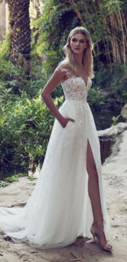 Lace Boho Off the shoulder Cap Sleeves Long Country Slit Wedding Gown, Beach Wedding Dress IN242