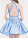 Blue Two Piece High Neck Lace Top Satin Open Back Sleeveless Homecoming Dresses IN370