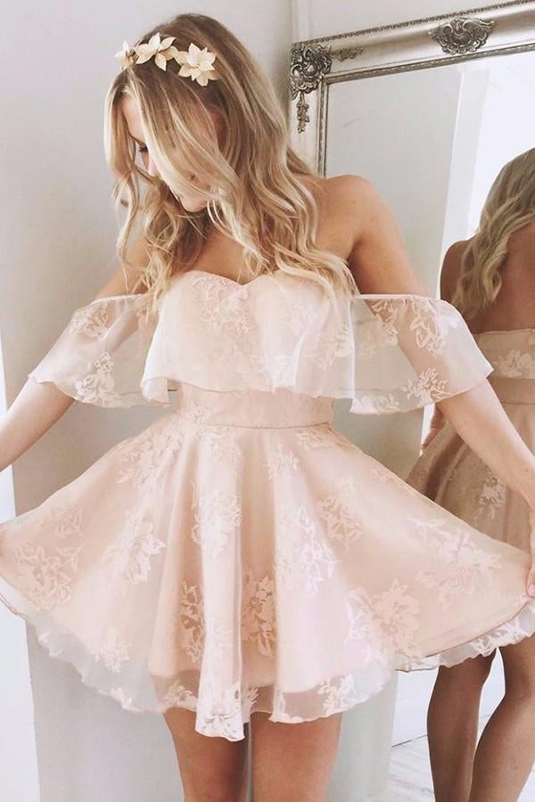 A-Line Off-the-Shoulder Short Homecoming Dress,Pearl Pink Homecoming Dresses IN200