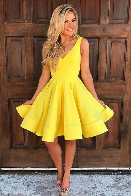 Cute V Neck Yellow Sleeveless A Line Short Homecoming/Prom Dresses IN275