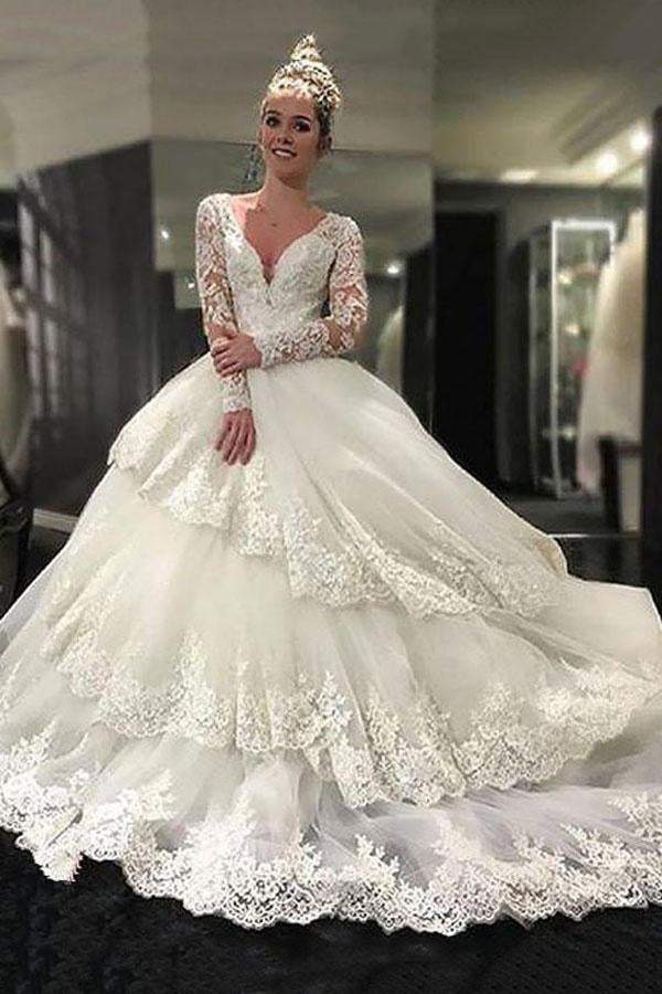 Luxurious Lace Long Sleeves V-neck Layers  Ball Gown Wedding Dresses INH79