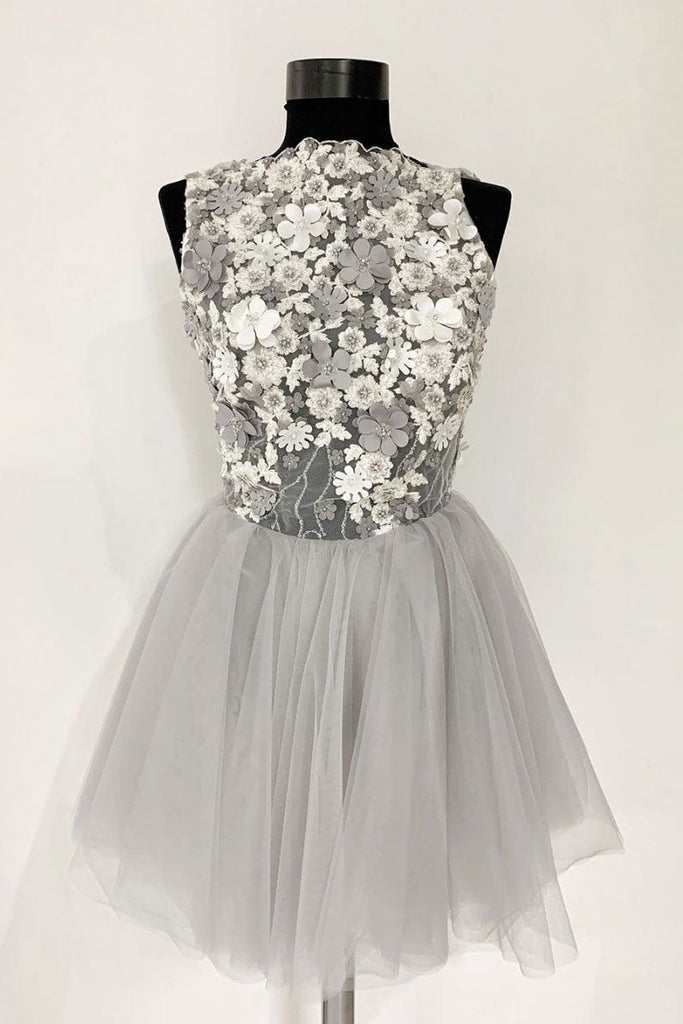 Gray Tulle Lace Short Prom Dress, A Line Flowers Homecoming Dress INP44