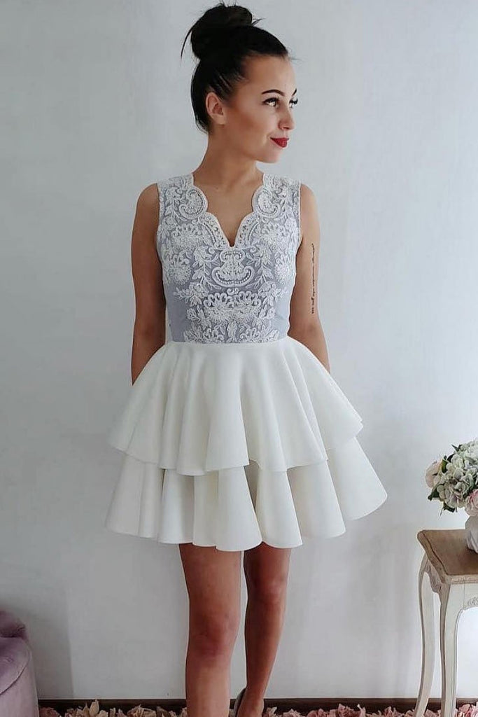 White Lace Short Prom Dress, A Line Cute Homecoming Dress INP51
