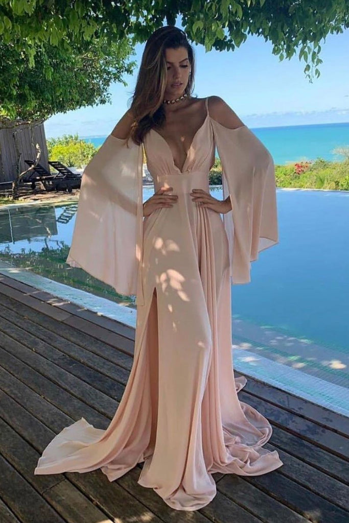 Simple Cold Shoulder Chiffon Long Prom Dress Pink Slit Evening Dress INQ49