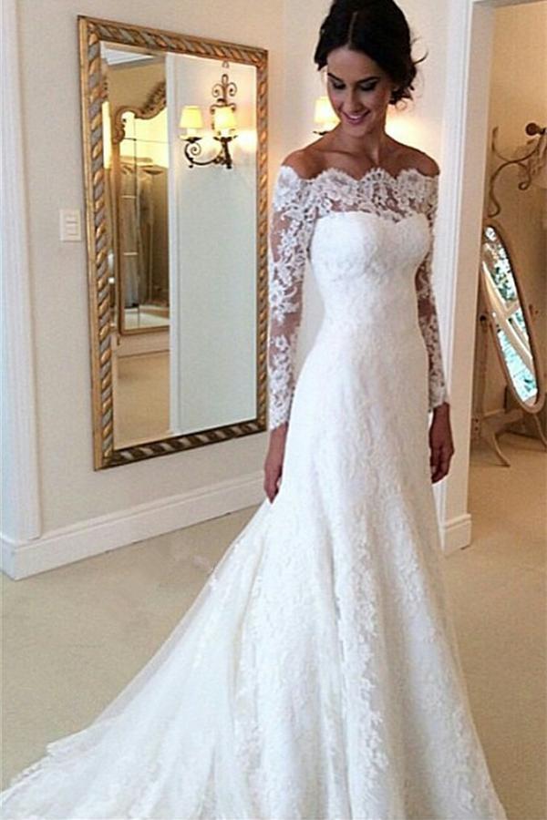 Long Sleeves Lace A-line Boat Neckline Ivory Long Bridal Dress Wedding Dresses W33