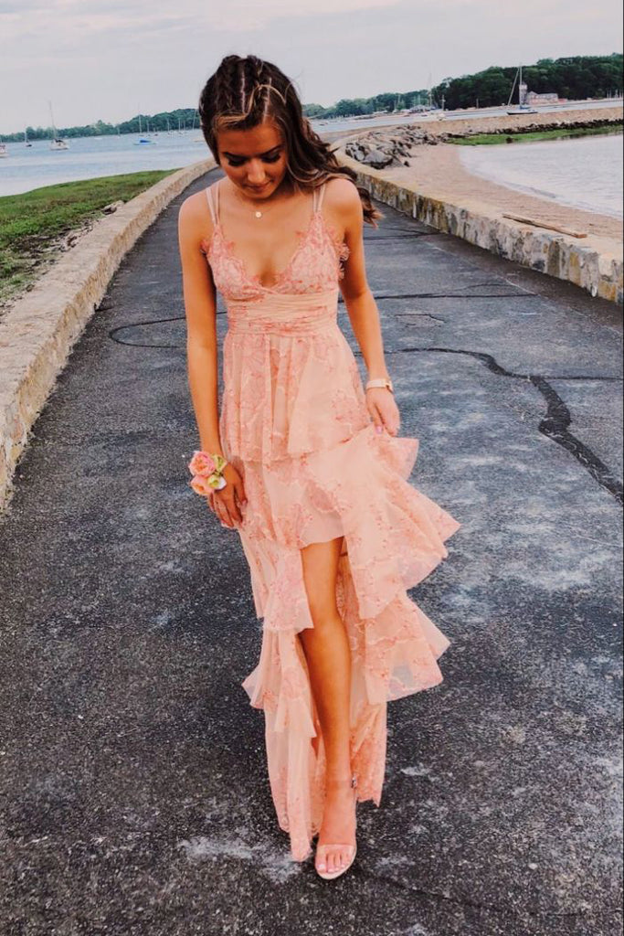 Simple A Line Pink Spaghetti Straps V Neck Long Prom Dress, Formal Evening Dress INP211