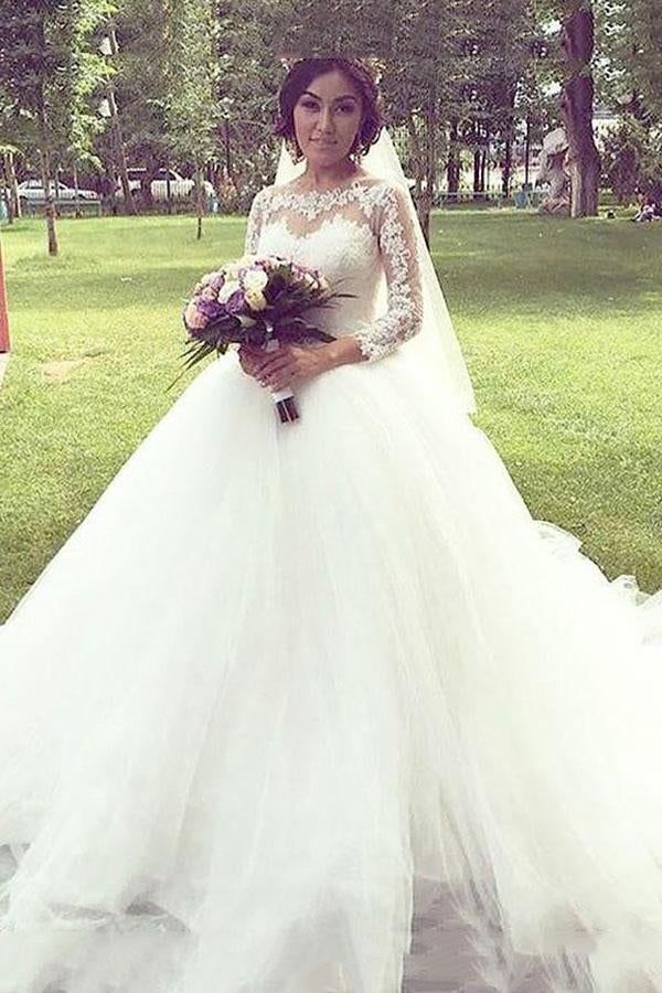 Princess Long Sleeves Bateau Ball Gown Tulle Wedding Dresses With Lace Appliques INH80