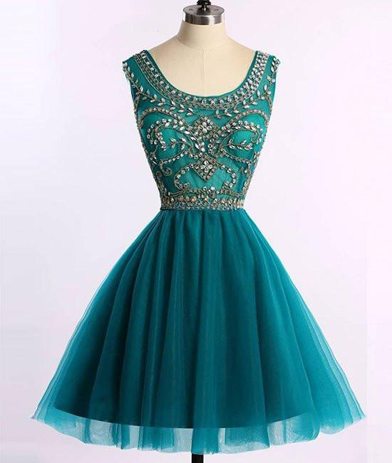 Short Beads Hunter Green Tulle A Line Prom/Homecoming Dress,Cocktail Party Dresses IN315