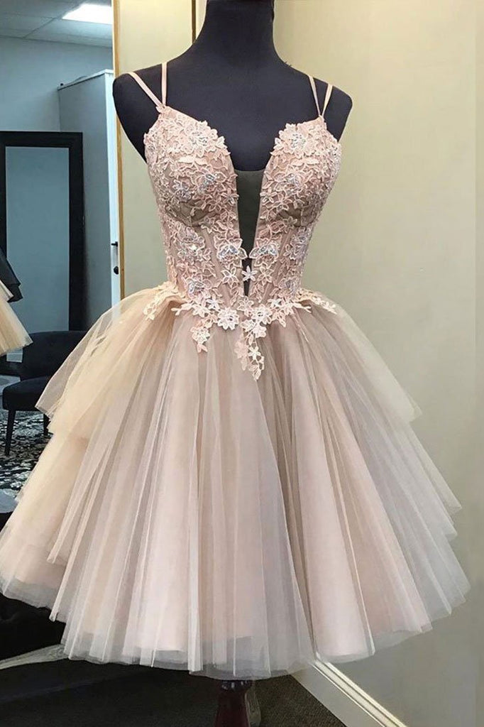 A Line Tulle Lace Appliques Short Homecoming Dress, Cute Prom Dresses INQ6