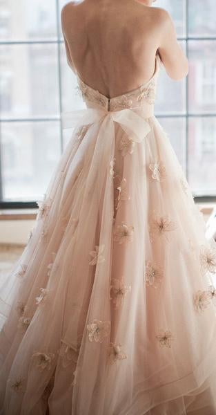 Vintage Strapless Sweetheart A Line Flower Tulle Pearl Pink Wedding Dress IN589