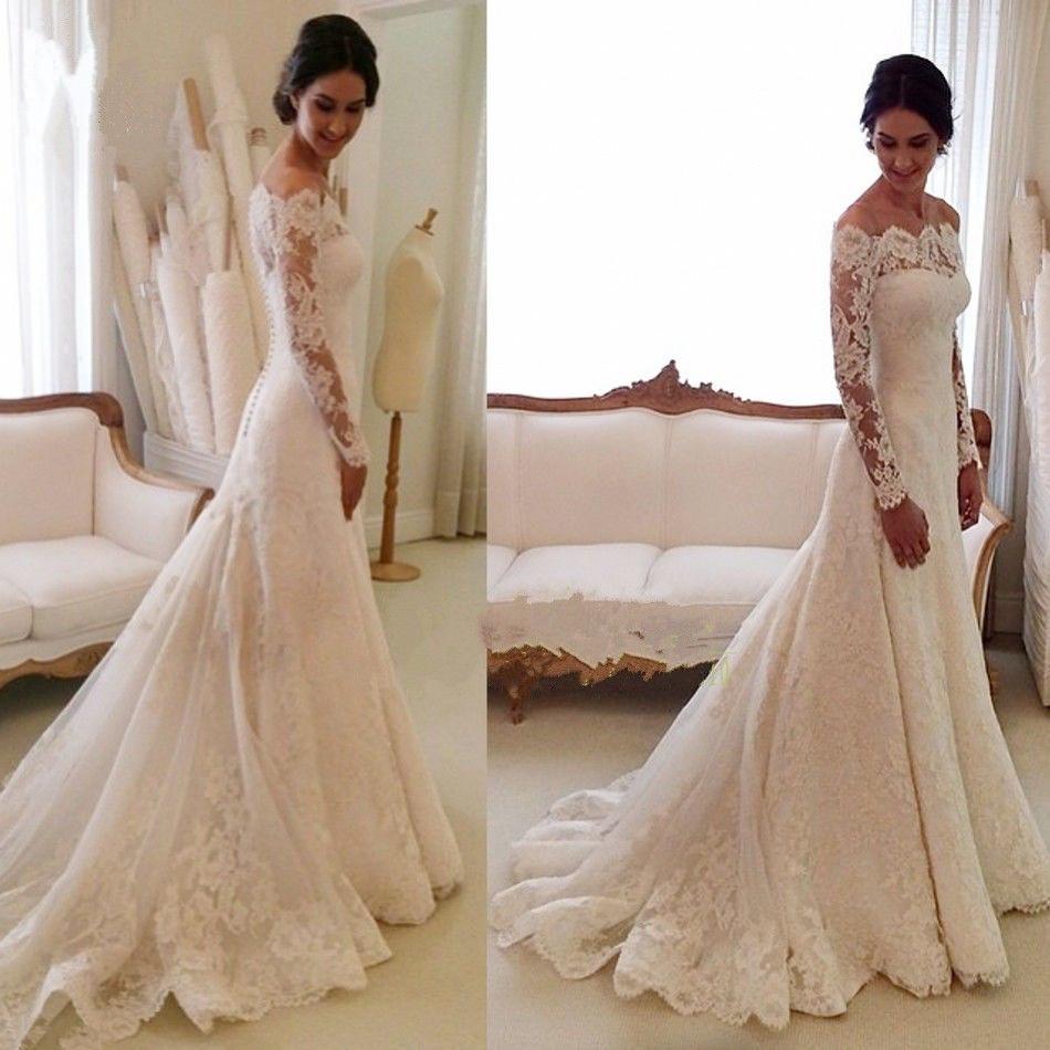 Long Sleeves Lace A-line Boat Neckline Ivory Long Bridal Dress Wedding Dresses W33