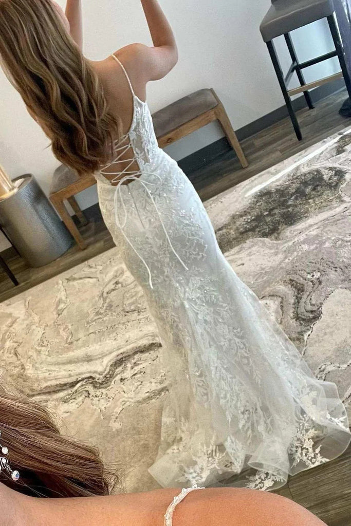 Elegant Off White Floral Lace Scoop Neck Lace-Up Mermaid Long Prom Dress IN1898