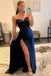 Navy Blue Sweetheart Sheath Long Prom Dress with Slit Evening Party Dresses IN1897