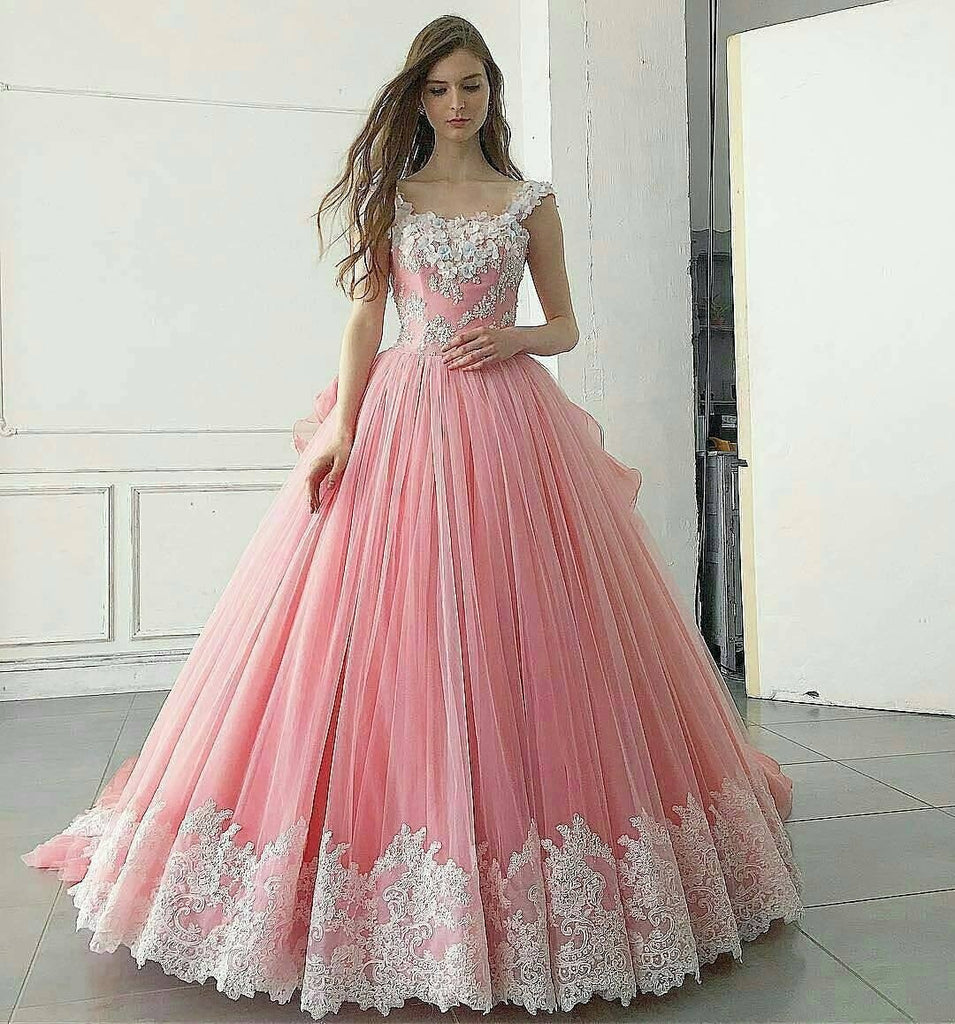 Pink Ball Gown Appliqued A Line Long Prom Dress,Pretty Quinceanera Dress IN253