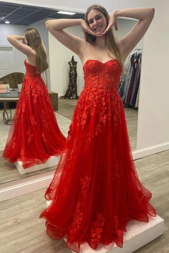 Chic Strapless Red A Line Tulle Long Prom Dress with Lace Appliques IN1968