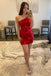 One-Shoulder Red Cut Glass Mirror Fitted Mini Homecoming Dresses Short Prom Dress INHD22