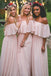 Simple Pink Off the Shoulder Pink Ruffles Long Bridesmaid Dresses INA55