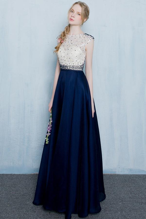 Beautiful Dark Blue Long Beading Zipper Back Prom Dresses K724