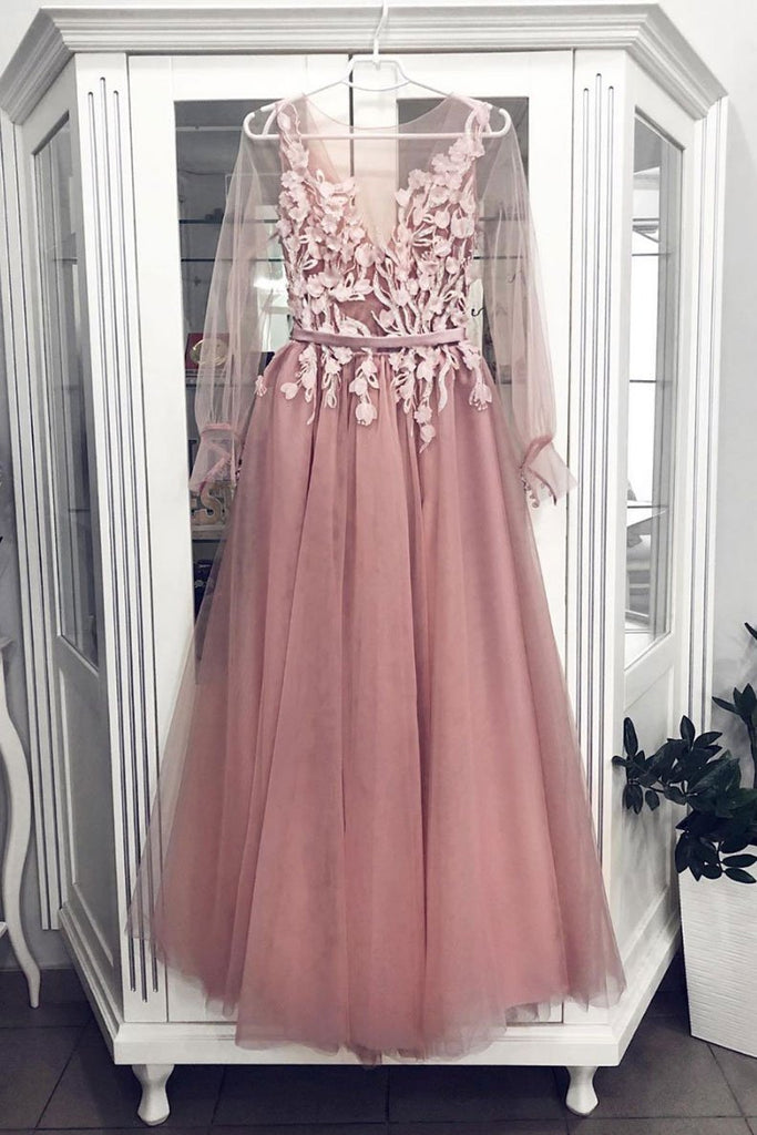 Pink A Line Tulle Long Sleeves Floor Length Prom Dress INP75