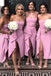 A Line Satin Pink High Low Length Leg Slit Bridesmaid Dresses With Belt IN1839