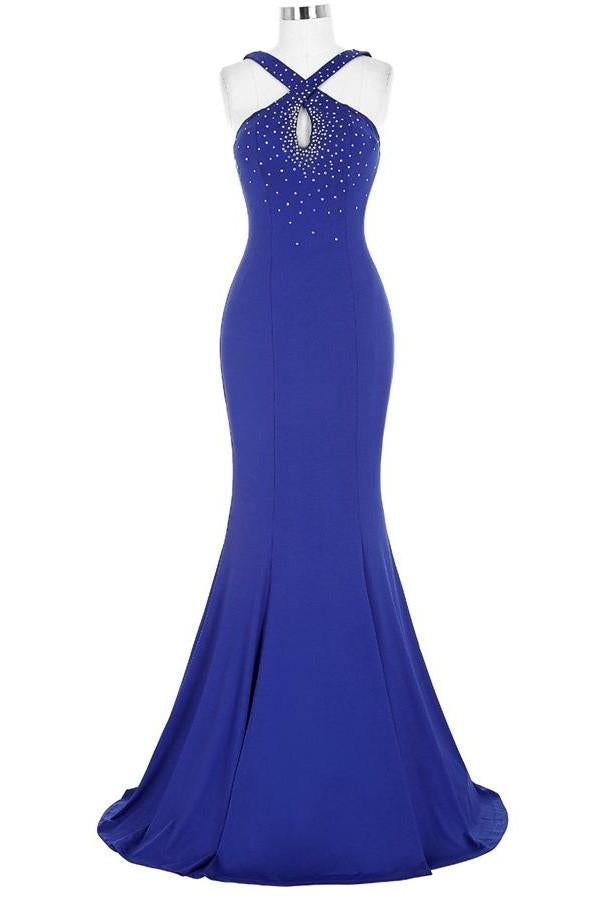 Royal Blue Open Back Long Mermaid Beaded Sexy Prom Dresses K739