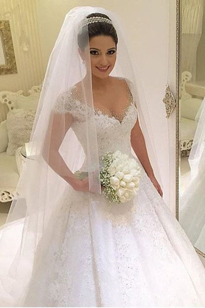 A Line Cap Sleeves Wedding Dresses Tulle With Applique And Beads Court Train INE67