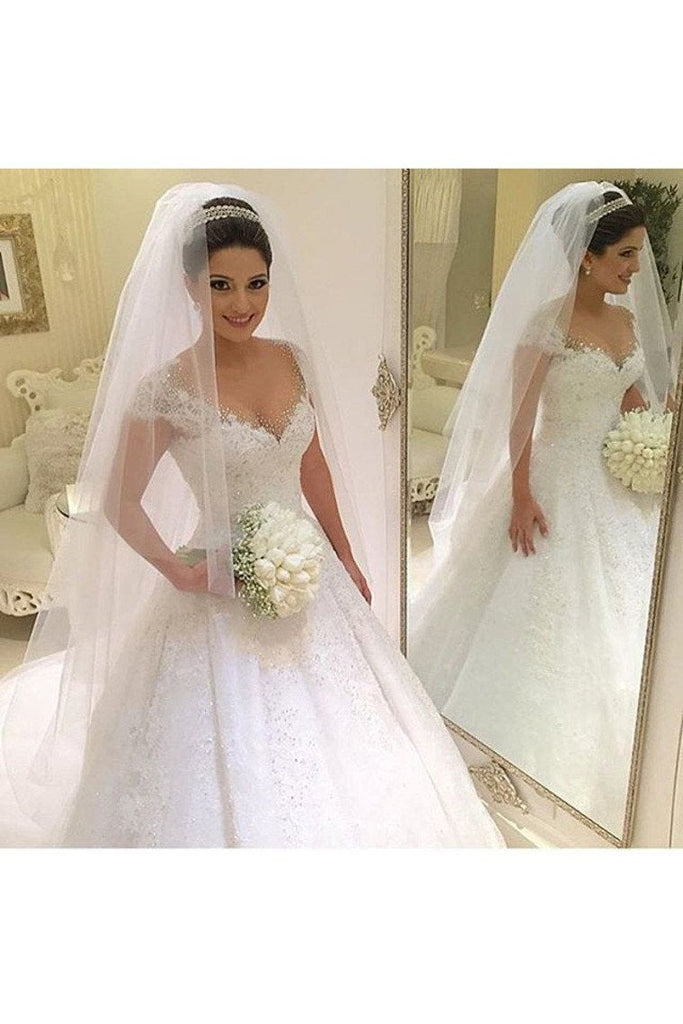 A Line Cap Sleeves Wedding Dresses Tulle With Applique And Beads Court Train INE67