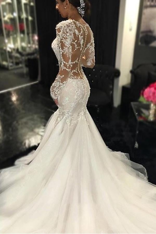 Long Sleeves Mermaid Tulle Sexy Long Ivory Wedding Dresses/Bridal Gown IN198