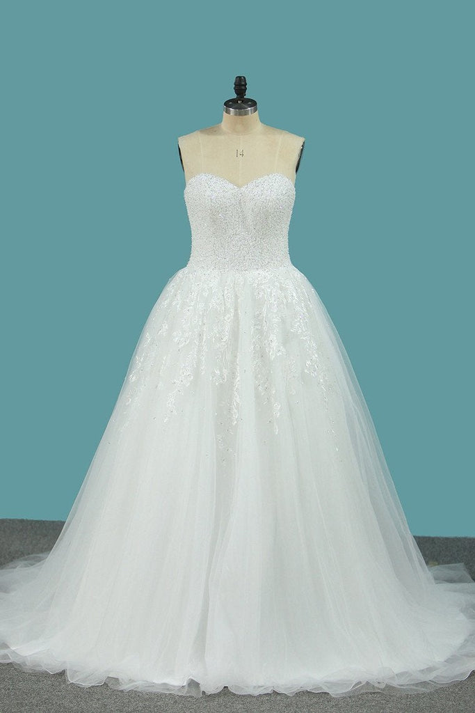 Sweetheart Tulle A Line Wedding Dresses With Applique Beads Sweep Train INE75