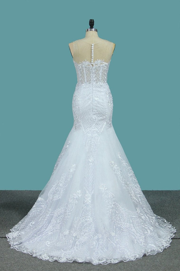 New Arrival Tulle Scoop Wedding Dresses Mermaid With Lace Applique INE77