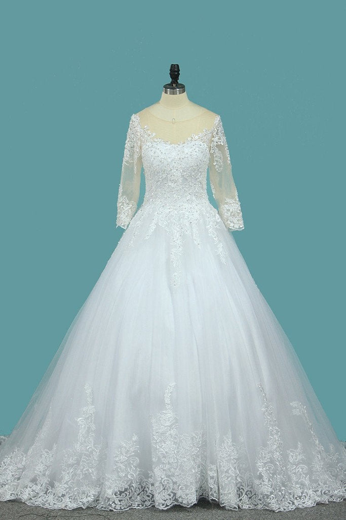 A Line 3/4 Sleeves Tulle Scoop Wedding Dresses With Applique INE73