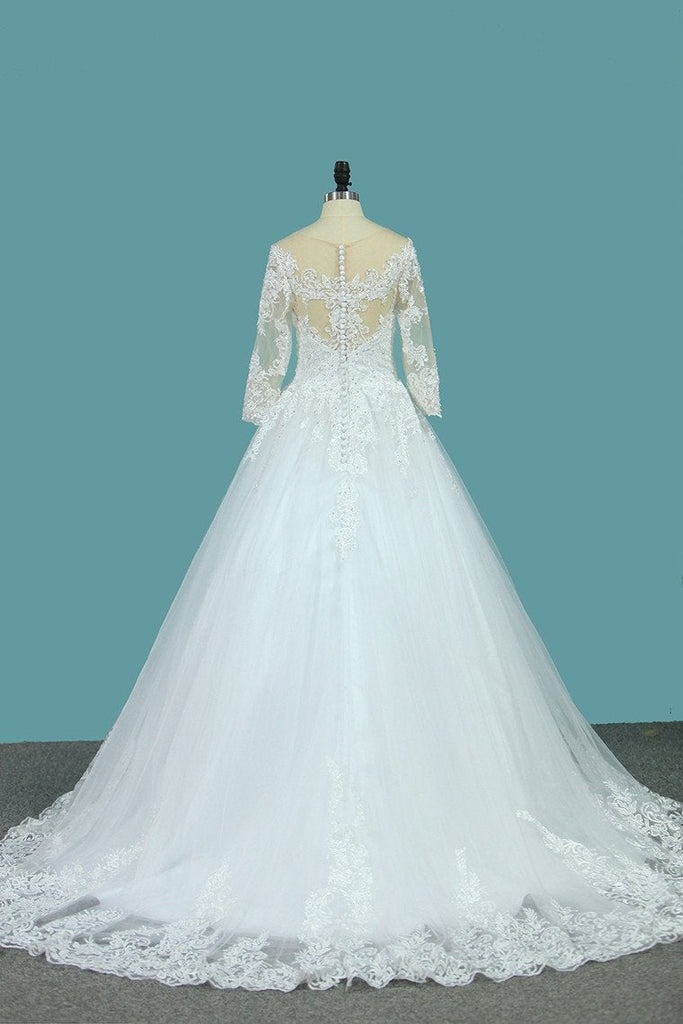 A Line 3/4 Sleeves Tulle Scoop Wedding Dresses With Applique INE73