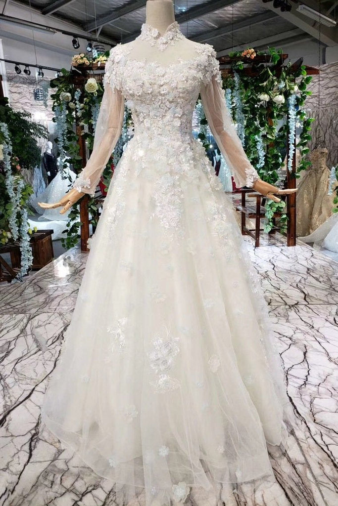 Tulle High Neck Long Sleeves HanINade Flowers Wedding Dresses INK12