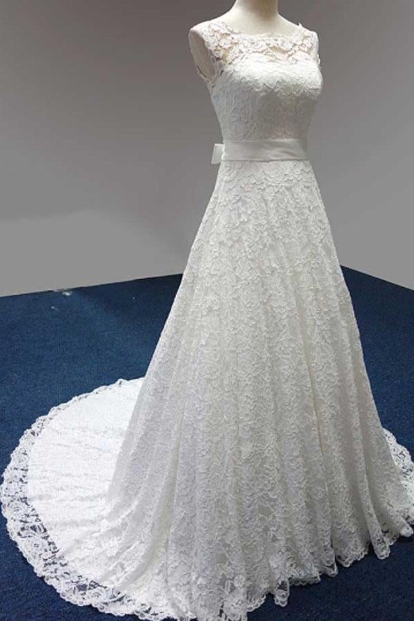 Elegant Bateau A-Line White Lace Long Sleeveless Wedding Dress IN689