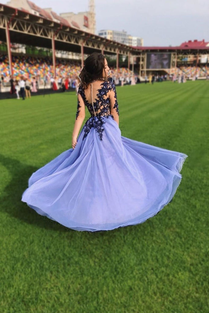 A Line Long SLeeves Blue Lace Appliques Prom Dresses INP84