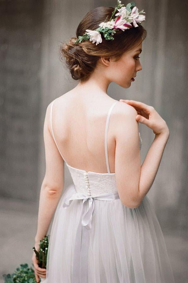 Spaghetti Straps Backless Grey Tulle Long Wedding Dresses With Lace Applique IN531