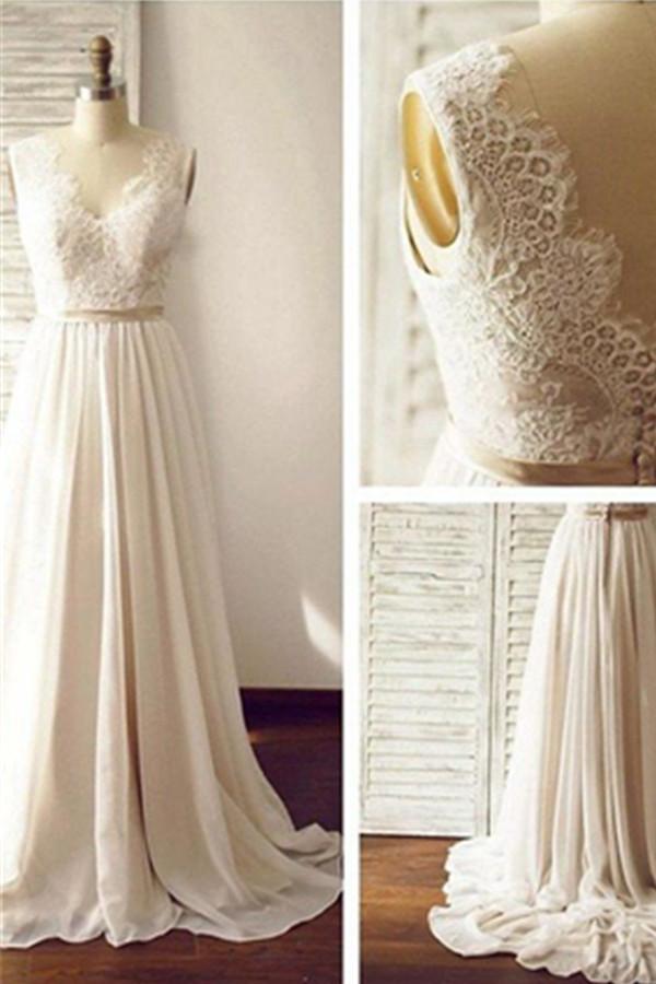 Simple Long Chiffon Lace A-line V-neck Beach Wedding Dresses W36