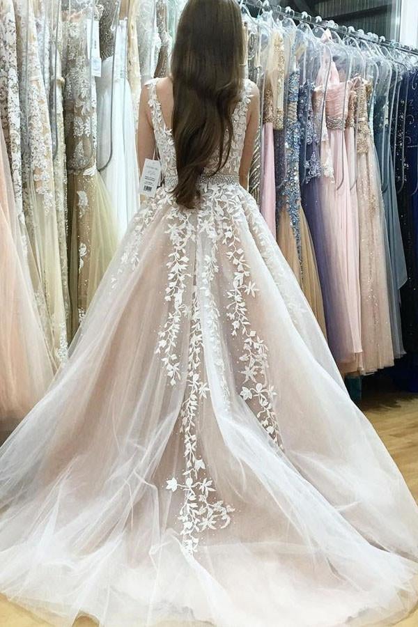 Elegant A-Line V-Neck Long Tulle Backless Wedding Dress with Beading Appliques IN561