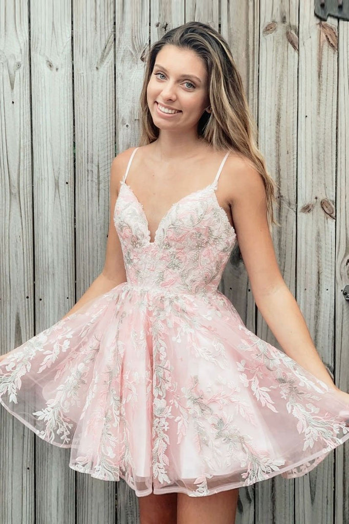 Spaghetti Strap A Line Appliques Pink Homecoming Dress, Short Prom Dresses INQ7